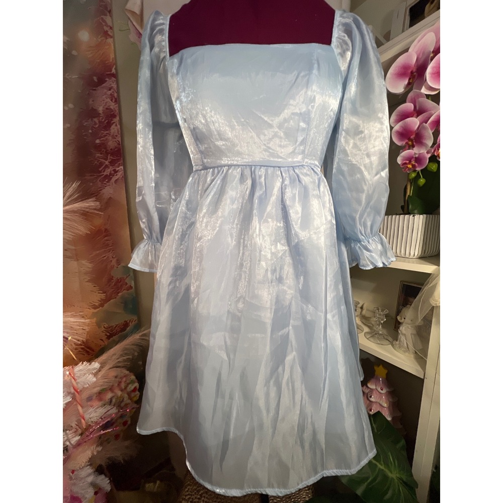 Allison + Kelly Mini Dress Womens S Blue Good Shimmer Puff Sleeve Smocked Back